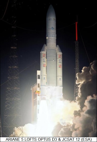 Ariane V lofts Optus D3 & JCSAT 12